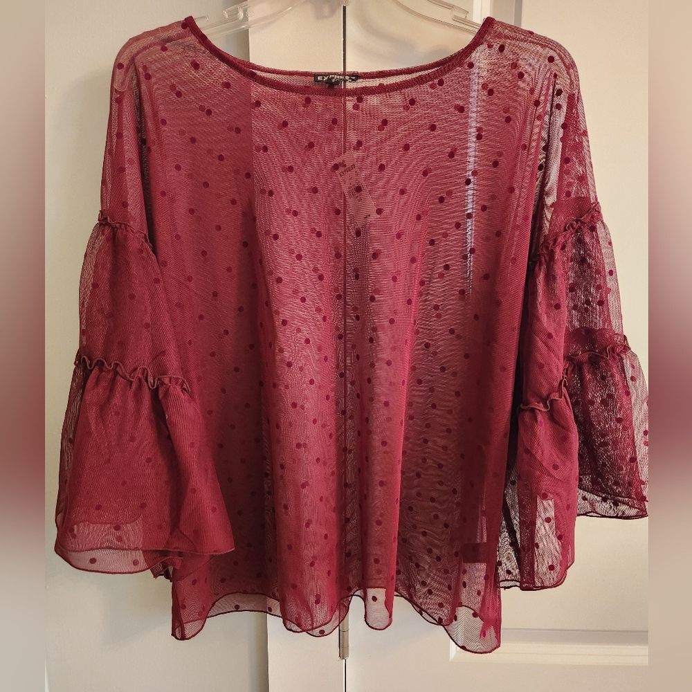 Express Burgundy Sheer Dot Bell-Sleeve Blouse